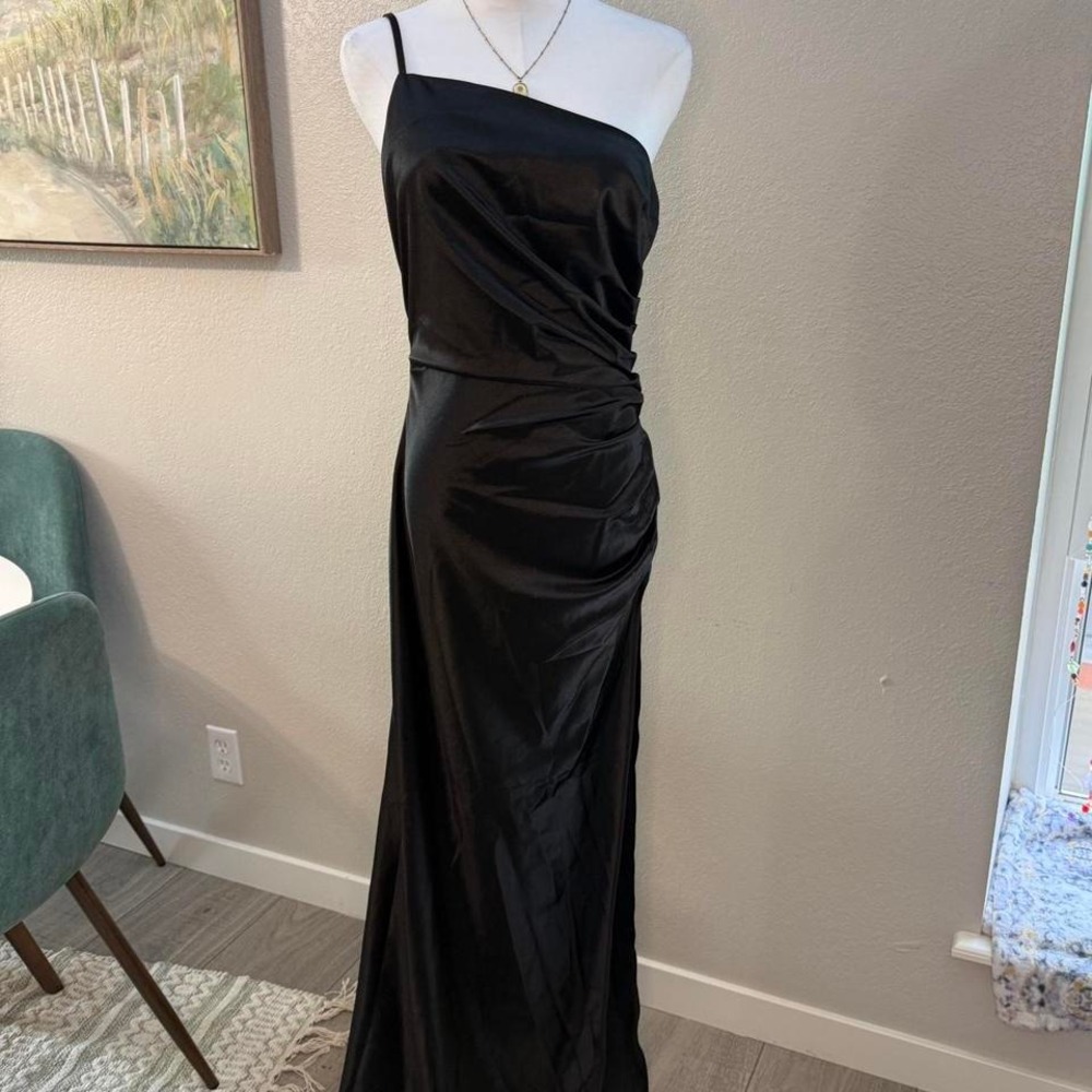 Faeriesty Black Satin Evening Gown – One Shoulder Maxi Dress - Size‎ L